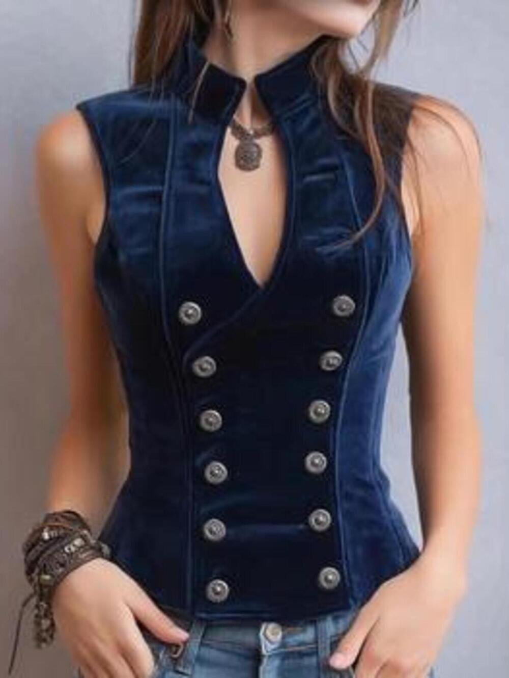 NEW Y2K Retro Vintage SZ M Velvet Blue Double Breasted Boho Button-Up Vest Top - Picture 1 of 10